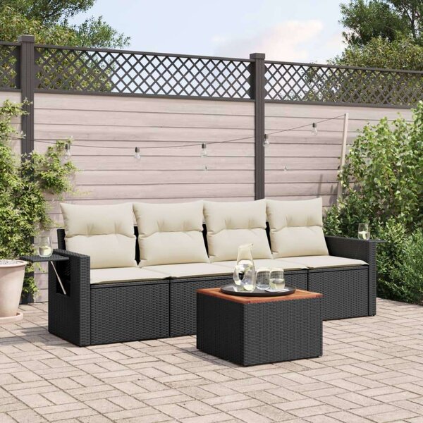 VidaXL 5 részes fekete polyrattan kerti kanapészett párnákkal