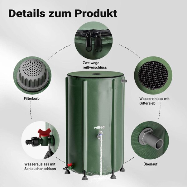Összecsukható esővízgyűjtő hordó 250 l fedéllel 620 g/m² PVC-ből csappal 65100