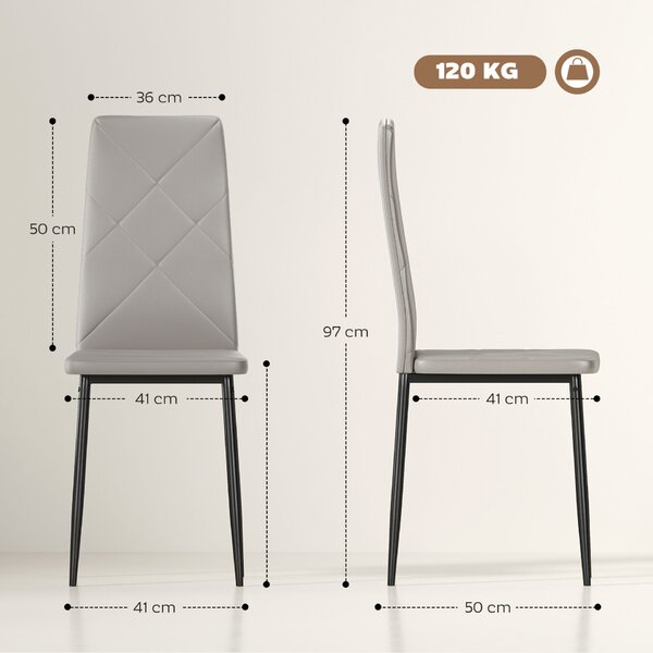 HOMCOM 6 Darabos Modern Étkezőszék Szett Magas Háttámlával, Műbőrből és Acélból, 41x50x97 cm, Szürke