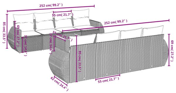 VidaXL Polyrattan Kerti Ülőgarnitúra - 9 részes - Szürke