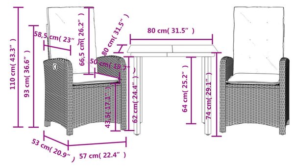 VidaXL 3részes világosszürke polyrattan kerti étkezőgarnitúra párnával