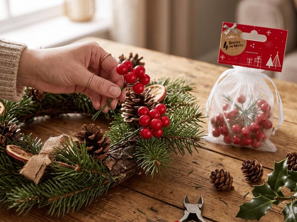 Karácsonyi dekoráció dróton BERRIES 9 cm, piros