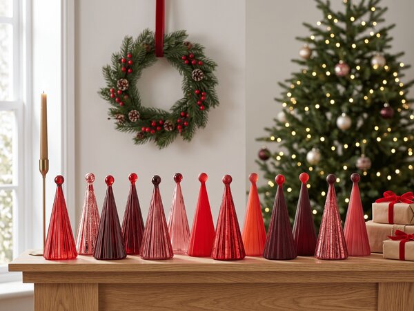 Üveges világító TWINKLE karácsonyfa LED világítással 22 cm, vörös árnyalatok