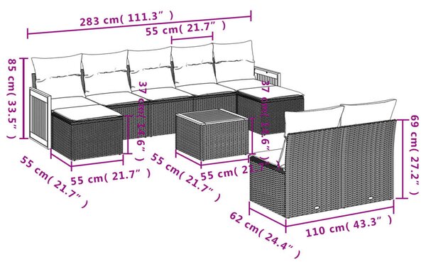 VidaXL Polyrattan Kerti Ülőgarnitúra - 10 részes - Bézs