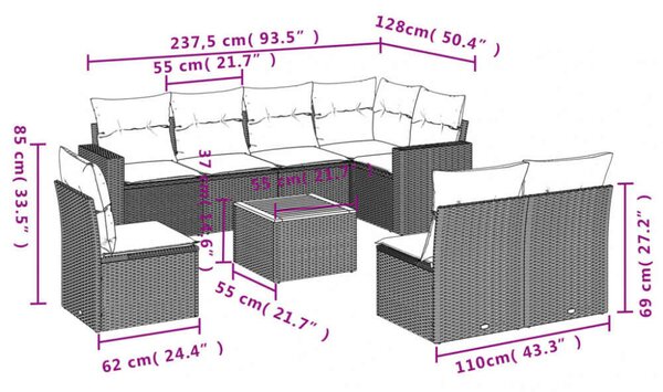 VidaXL Polyrattan Kerti Ülőgarnitúra - 9 részes - Fekete
