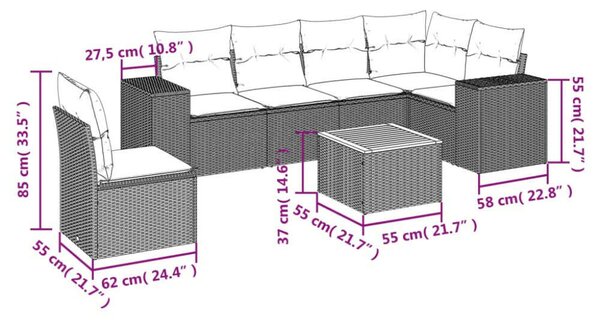 Polyrattan Kerti Ülőgarnitúra - 7 részes - Szürke