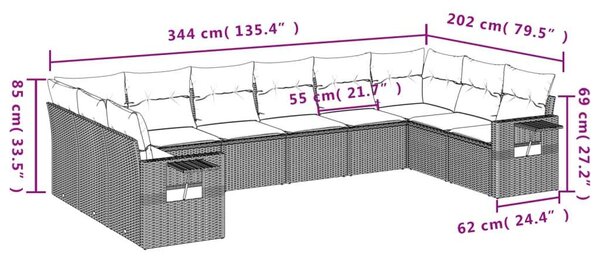 VidaXL Polyrattan Kerti Ülőgarnitúra - 10 részes - Fekete
