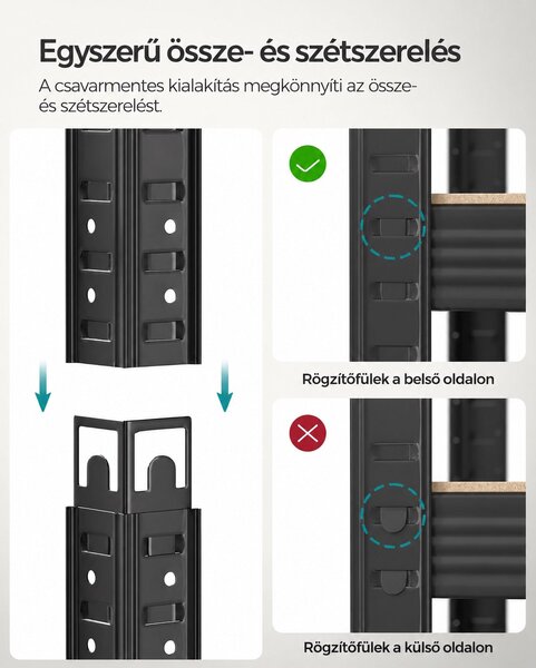 Nagy teherbírású tárolópolc, 5 állítható polccal, 600 kg teherbírás, 100 x 50 x 200 cm, fekete
