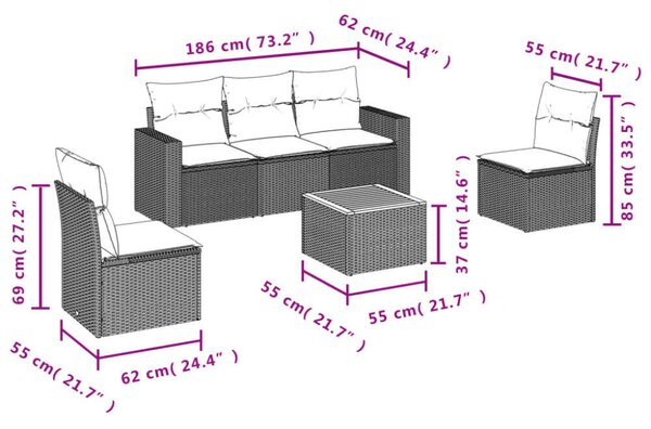 VidaXL Polyrattan Kerti Ülőgarnitúra - 6 részes - Fekete