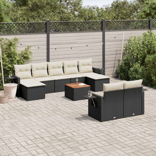 VidaXL 10 részes fekete polyrattan kerti ülőgarnitúra párnákkal