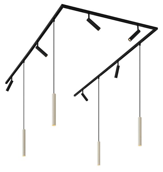 Modern sínrendszer 6 spotlámpával és 4 függőlámpa beépítéssel bézs és fekete színben, 1 fázisú - Slimline Uzzy Keno