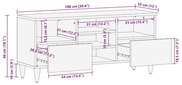 VidaXL TV szekrény fiókkal Dió 100 x 33 x 46 cm Tömör Mangófát