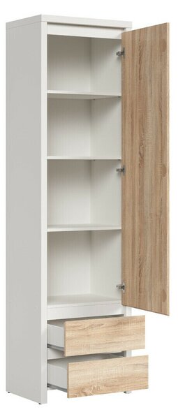Könyvespolc Nolroma 127, Ajtókkal, Zárt, Fiókokkal, Laminált forgácslap, 201x56x41cm, Sonoma tölgy, Fehér