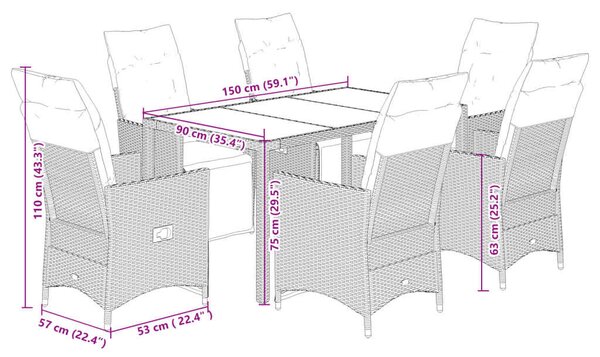 VidaXL - 7 Részes Kerti Étkezőgarnitúra - Polyrattan - Fekete