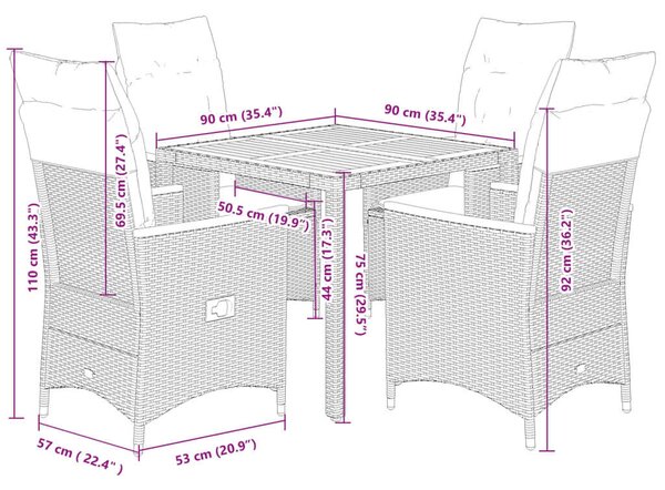 VidaXL Polyrattan Kerti Étkezőgarnitúra - 5 részes - Szürke