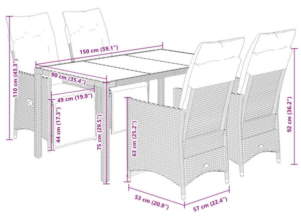 VidaXL - 5 Részes Kerti Étkezőgarnitúra - Polyrattan - Fekete