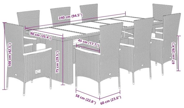 VidaXL Polyrattan Kerti Étkezőgarnitúra - 9 személyes - Szürke