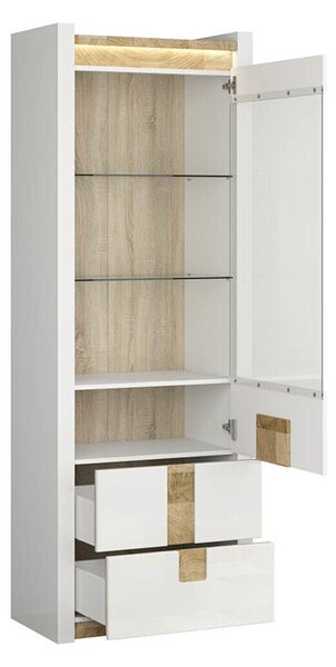 Könyvespolc Cirevai 114, Ajtókkal, Zárt, Fiókokkal, Üveg, Közepes sűrűségű farostlemez, Laminált forgácslap, 202x72x42cm, Fényes fehér, Westminsteri tölgy