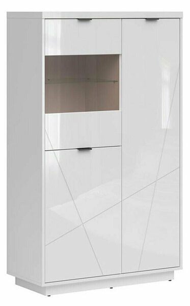 Könyvespolc Fivale 103, Ajtókkal, Zárt, Laminált forgácslap, Edzett üveg, 157x94x43cm, Fényes fehér, Fehér