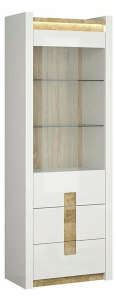 Könyvespolc Cirevai 114, Ajtókkal, Zárt, Fiókokkal, Üveg, Közepes sűrűségű farostlemez, Laminált forgácslap, 202x72x42cm, Fényes fehér, Westminsteri tölgy