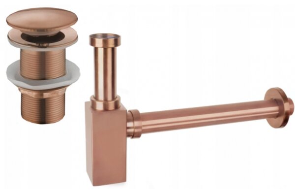 Mexen tartozékok, Négyzet alakú mosdókagyló szifon click-clack dugóval, túlfolyó nélkül, rose gold, 7991060-60