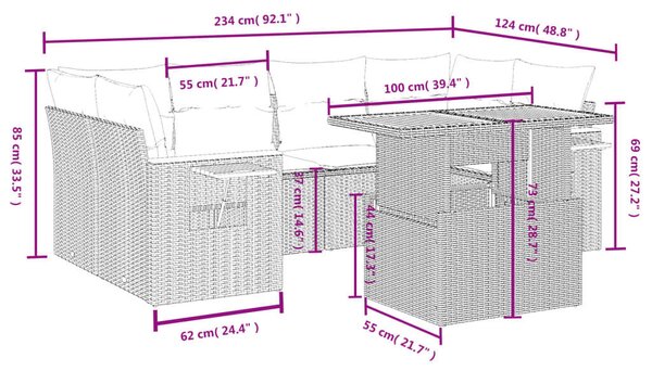 VidaXL Polyrattan Kerti Ülőgarnitúra - 7 részes - Szürke