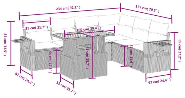 VidaXL Polyrattan Kerti Ülőgarnitúra - 7 részes - Szürke