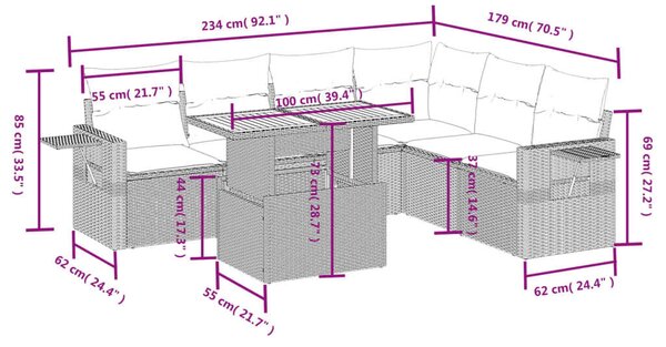 VidaXL Polyrattan Kerti Ülőgarnitúra - 7 részes - Szürke