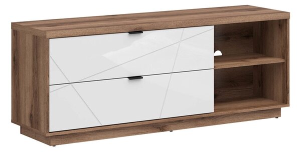 TV-állvány Fivale 104, Laminált forgácslap, 61x156x43cm, Fényes fehér, Sötét delanói tölgy