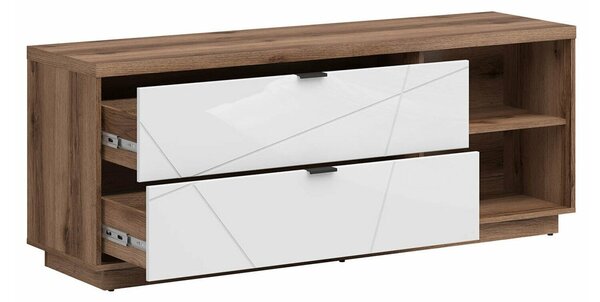 TV-állvány Fivale 104, Laminált forgácslap, 61x156x43cm, Fényes fehér, Sötét delanói tölgy