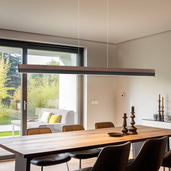 Quitani Keijo LED-es függesztett lámpa, fekete/dió, 143 cm hosszúságú, dimmelhető, Sötét fa, Nappali / Étkező, Fa, Vidéki otthon / Rusztikus