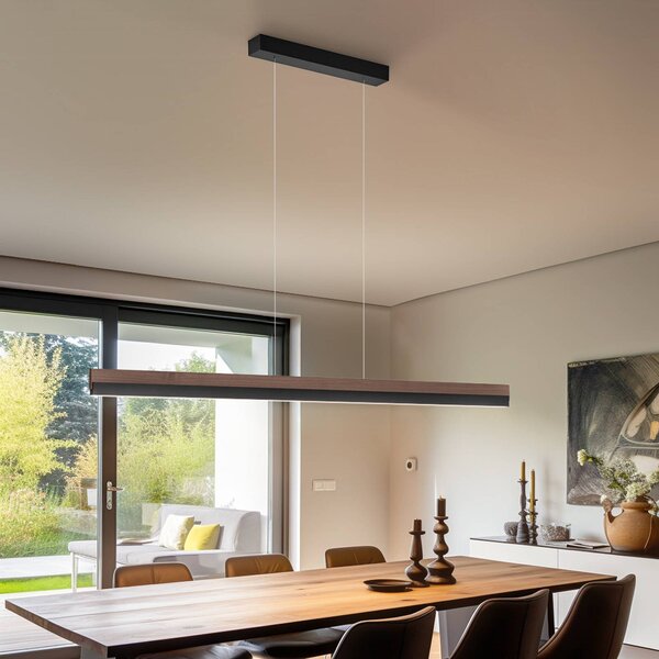 Quitani Keijo LED-es függesztett lámpa, fekete/dió, 143 cm hosszúságú, dimmelhető, Sötét fa, Nappali / Étkező, Fa, Vidéki otthon / Rusztikus