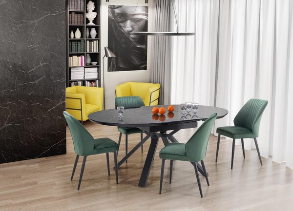 Vertigo Üveg, MDF és Fém Kihúzható Asztal, Fekete + 4 K432 Velvet Kárpitozott Szék, Fém lábakkal, Sötétzöld / Fekete, H130-180xSz130xM76 cm