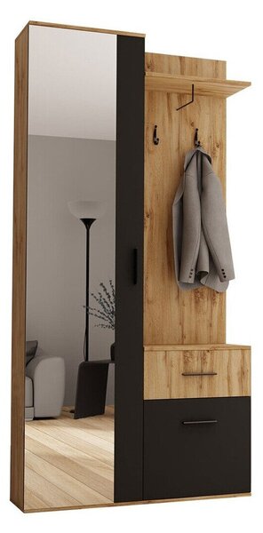 Előszoba garnitúra Columba, 195x97x28cm, Tükör, Wotan tölgy, Fekete, Laminált forgácslap