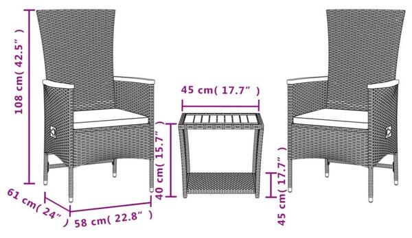 VidaXL Polyrattan Kerti Étkezőgarnitúra - 3 részes - Fekete