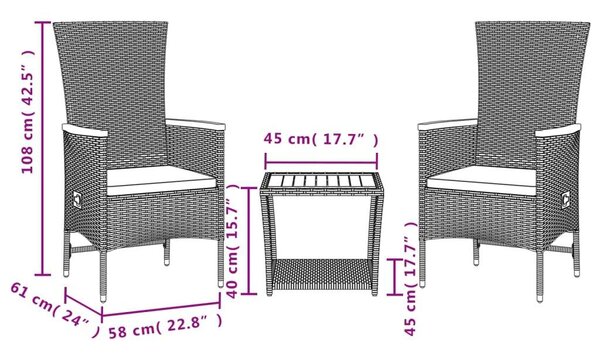 VidaXL Polyrattan Kerti Étkezőgarnitúra - 3 részes - Fekete
