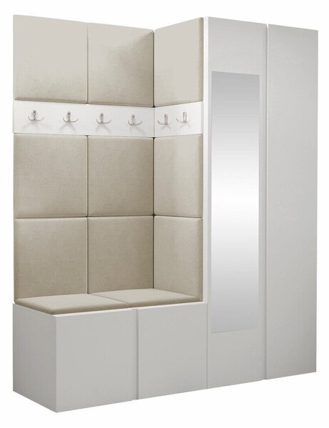 Előszoba garnitúra Pinis X, 186x158x46cm, Tükör, Fehér, Laminált forgácslap, Kárpit