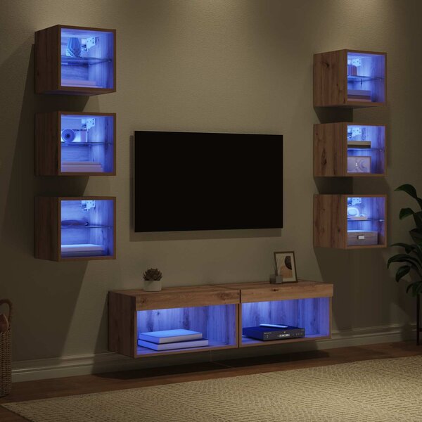 VidaXL TV szekrény LED -es lámpákkal fiókkal 8 pcs Artisan tölgy Üveg