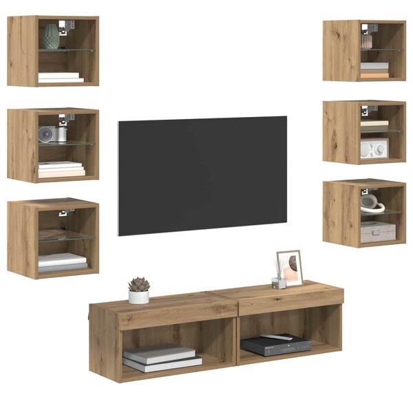 VidaXL TV szekrény LED -es lámpákkal fiókkal 8 pcs Artisan tölgy Üveg