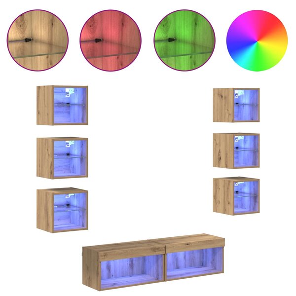 VidaXL TV szekrény LED -es lámpákkal fiókkal 8 pcs Artisan tölgy Üveg