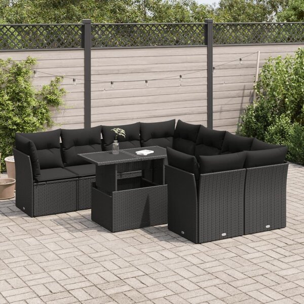 VidaXL 9 részes fekete polyrattan kerti ülőgarnitúra párnákkal