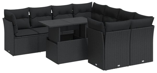 VidaXL 9 részes fekete polyrattan kerti ülőgarnitúra párnákkal