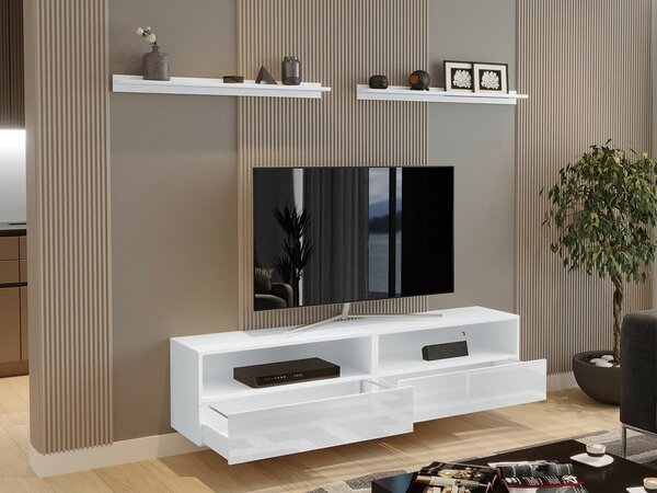 TV-állvány Fraga, Közepes sűrűségű farostlemez, Laminált forgácslap, 40x172x38cm, Fényes fehér, Fehér