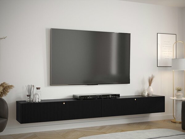 TV-állvány Anulio II, Közepes sűrűségű farostlemez, Laminált forgácslap, 34x300x40cm, Fekete