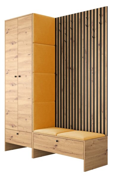 Előszoba garnitúra Donio III, 206x145x44cm, Fekete, Artisan tölgy, Laminált forgácslap, Kárpit