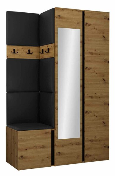 Előszoba garnitúra Pinis XXVI, 186x116x46cm, Tükör, Fekete, Artisan tölgy, Öko-bőr, Laminált forgácslap