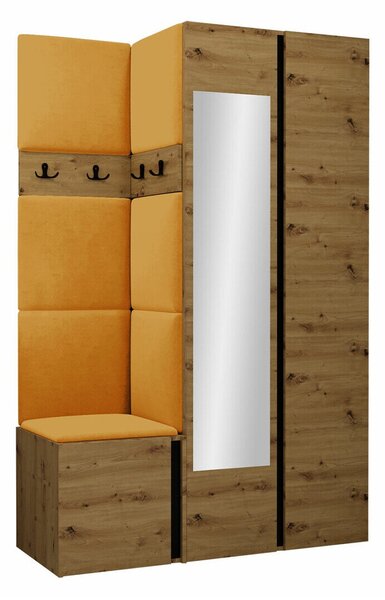 Előszoba garnitúra Pinis XXVI, 186x116x46cm, Tükör, Fekete, Artisan tölgy, Kárpit, Laminált forgácslap
