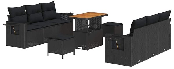 VidaXL Kerti Kanapé Szett 9 pcs Fekete Poli rattan és porbevonatú acél