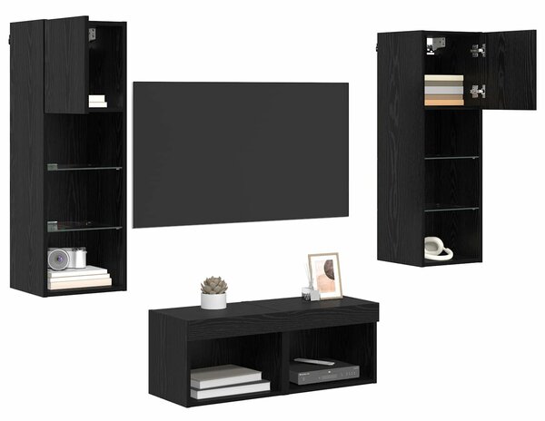 VidaXL TV Fali Szekrények LED -es lámpákkal 4 pcs Fekete tölgy Faanyag