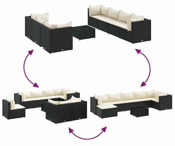 VidaXL 8 részes fekete polyrattan kerti ülőgarnitúra párnákkal
